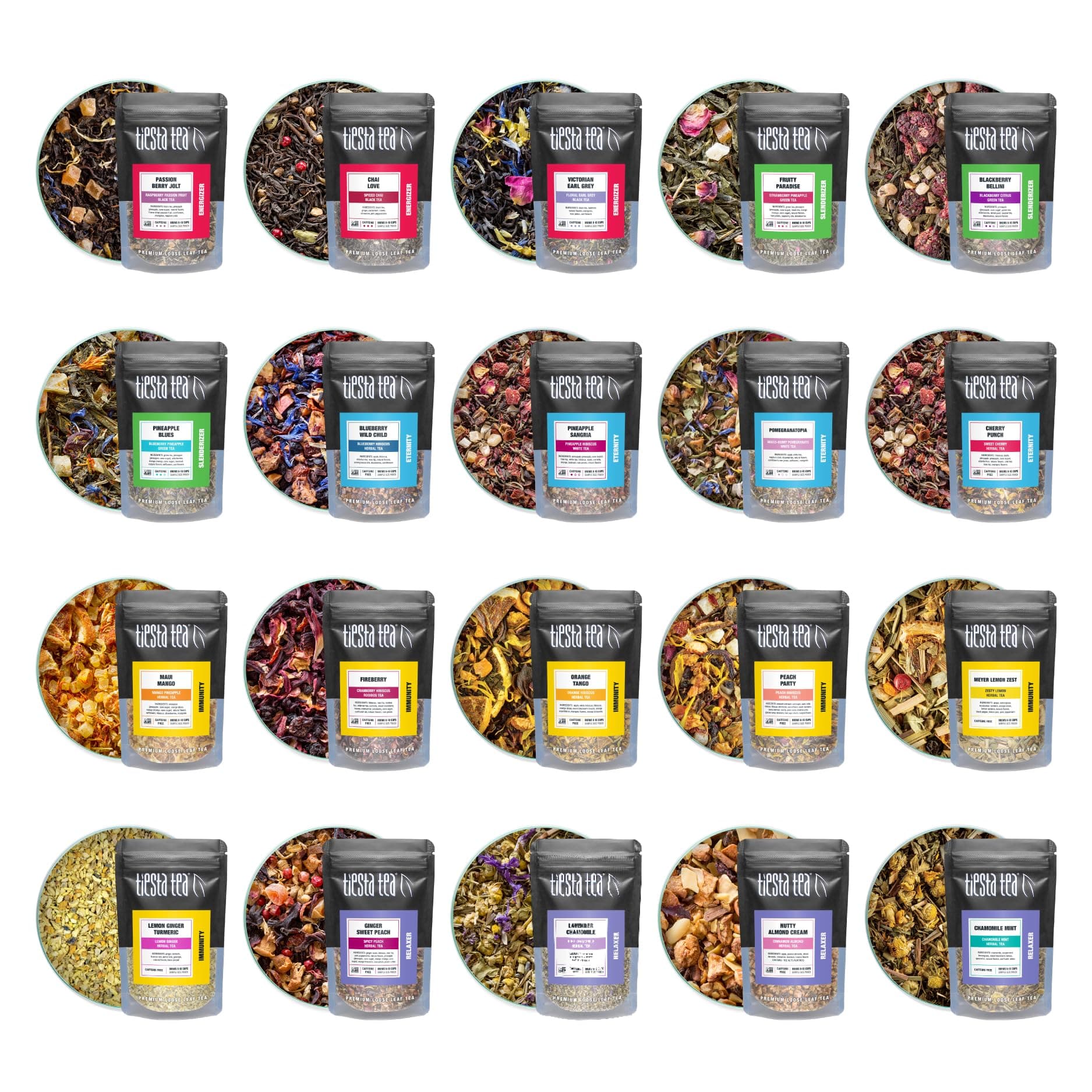 Tiesta Tea - Discovery Sampler Dry Flight Set, Loose Leaf, High to No Caffeine, Hot & Iced Up to 200 Cups, Tea Variety Pack with Green, Herbal, Black & Chai Brew, 20 Resealable Sample Pouches