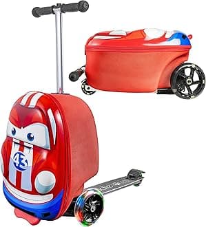 Kiddietotes 3-D Hardside Scooter Ride On Suitcase for Kids - Cute Lightweight Kids Luggage with Wheels - Fun LED Lights