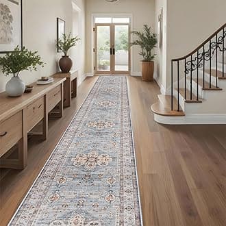 Washable Hallway Runner Rug 3x20: Non Slip Runner Rugs with Rubber Backing Soft Kitchen Rug Farmhouse Distressed Carpet Runner for Living Room Bedroom Bathroom (Blue, 3X20)