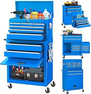 INTERGREAT8 Drawers Tool Chest, Assembled Rolling Tool Chest with Drawers, Detachable Top Tool Box, Tool Cabinet for Repair Room,Warehouse, Rolling Tool Box with Hooks,Tray Divider,Liners(Blue)