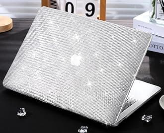 KEROM Rhinestone Case for MacBook Pro 13 inch 2024-2016 M2 M1 A2338 A2289 A2251 A2159 A1989 A1706 A1708, Luxury Bedazzled Bling Shiny Sparkle Glitter PU Leather Hard Shell & Keyboard Cover, Silver