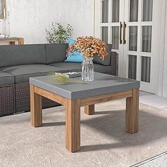 SUNBURY Outdoor Side Table, 26" W Concrete Coffee Table w Solid Wood Legs, Outdoor Patio Coffee Table, Square Coffee Table for Patio, Garden, Grey