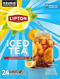 Lipton Unsweetened Black Iced Tea K-Cups 24-Pack for Keurig Coffee Makers - Rainforest Alliance Certified Tea Pods with Smooth Crisp Flavor, Brew Hot over Ice for Refreshing Beverage