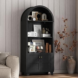 71" Tall Arched Cabinet, 5-Tier Bookcase with Adjustable Shelves, Display Cabinets with Double Doors, Wood Versatile Bookself for Living Room, Home Office, Dinning Room, Black