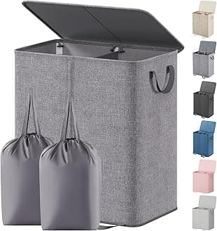Lifewit Laundry Hamper with Lid and Removable Laundry Bags, Large Collapsible Basket for Dirty Clothes 2 Sections with Handles (Grey)