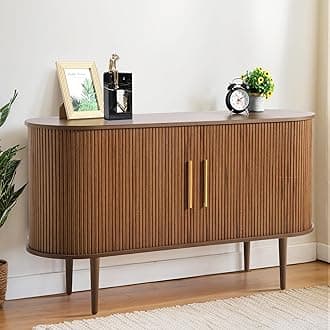55" Sideboard Buffet Cabinet with Fluted Slide Doors, Tambour Storage Cabinet with Shelves, Modern Credenza Sideboard Buffet Console Cabinets for Living Room Hallway Entryway (Brown)