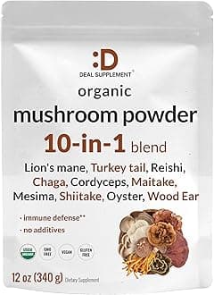 Organic Mushroom Powder Supplement, 12oz – 10 in 1 Active Blend – Shiitake, Lions Mane, Cordyceps, Chaga, with More –Supports Immune, Energy, & Brain Health – Non-GMO, Vegan