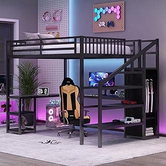 Loft Bed with Desk Queen Size, Gaming Loft Bed with LED Light for Adults, Heavy-duty Loft Beds Frame with Stairs & Wardrobe & Storage Shelves, Bunk Bed with Steps for Teens Boys Girls Room Dorm, Black