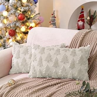 DFXSZ Christmas Tree Pillow Covers 12x20 inch Set of 2 Christmas Decoration Cream White Soft Plush Faux Fur Jacquard Throw Pillows for Bedroom Sofa Holiday Festivals Winter Home Decor PTK006E12