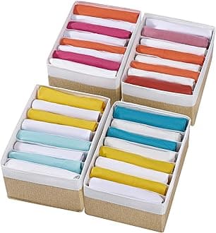 4 Packs T-shirt Drawer Organizers for Clothing,8 Grids Compartment Wardrobe Storage Box, Washable Clothes Organizer for Folded Clothes, Legging, Silk Scarve-12.59''x9.05''x5.9-BeigeWhite