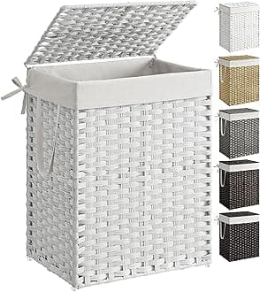 SONGMICS Laundry Hamper with Lid, 23.8 Gallon (90 L) Synthetic Rattan Clothes Laundry Basket with Lid and Handles, Foldable, Removable Liner, Cloud White ULCB51WT