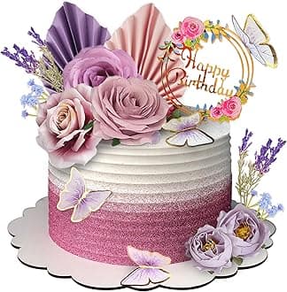 DRWATE 17 PCS Flower Cake Toppers Butterfly Cake Decorations Happy Birthday Cake Toppers with Artificial Purple and Pink Rose Eucalyptus for Birthday Party Wedding Baby Shower Supplies (Purple)
