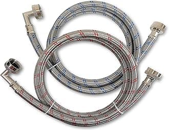 Premium Stainless Steel Washing Machine Hoses with 90 Degree Elbow, 10 Ft Burst Proof (2 Pack) Red and Blue Striped Water Connection Inlet Supply Lines