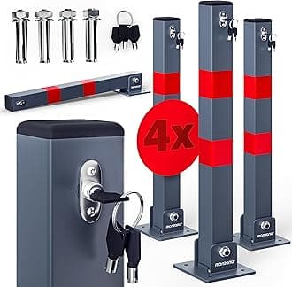 DEUBA® 4X Car Security Barrier for Driveways | Telescopic Retractable Parking Space Bollard | 3 Keys | Pre-Drilled Base Plate, Reflective Strips