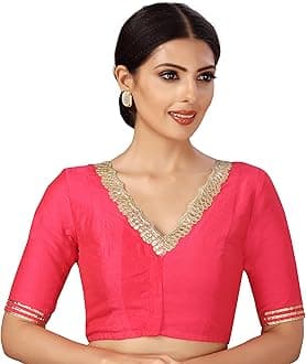 Women's Readymade Silky Saree Blouse Elbow Length Sleeves With Embroidered Neckline Choli