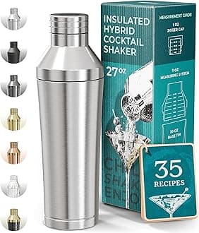 BARE BARREL Insulated Cocktail Shaker Set | Double Wall Stainless Steel | Martini Shaker for Home Bar Bartending | Built-in Drink Measure System & Strainer, Travel Bag, Recipes | Gift Set (Silver)