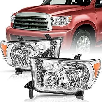 Headlight Assembly Replacement for 2007 2008 2009 2010 2011 2012 2013 Tundra / 2008-2017 Sequoia Driver and Passenger Side Chrome with Amber Reflector Housing with Bulbs