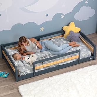 Ocodile Twin Size Floor Bed with Safety Guardrails for Kids, Montessori Floor Bed with 2 Openings, Twin Bed Frame for Girls and Boys (Gray)