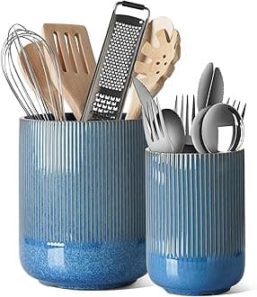 LE TAUCI Ceramic Kitchen Utensil Holder, 7.3"+5.4" for Countertop, Large Cooking Utensil Crocks, Set of 2, Reactive Glaze Blue
