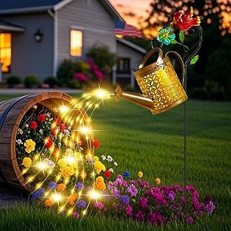 Solar Lights Outdoor, Solar Watering Can with Cascading Lights, Metal Watering Can with Hook Solar Lantern, Gardening Decor for Yard Patio, Pefect Gifts for Mom Grandma Women
