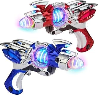 Playbees Light-Up Noise Blaster - Red & Blue 2 Pack - 11.5 Inches - Glow Spinning Space Sound Effects with Futuristic Power Galaxy Ranger FX for Party Favor, Novelty, Bag Stuffer for Ages 3+