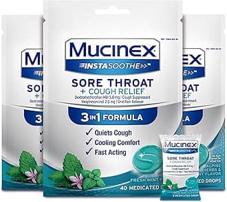 Mucinex InstaSoothe Sore Throat + Cough Relief Alpine Herbs & Mint Flavor, Fast Acting, Cooling Comfort, Powerful Sore Throat Oral Pain Reliever, 40 Medicated Drops (Pack of 3)