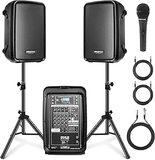 PA Speaker DJ Mixer Bundle - 300 W Portable Wireless Bluetooth Sound System w/USB SD XLR 1/4" RCA Inputs - Dual Speaker, Mixer, Microphone, Stand, Cable - Home/Outdoor Party - PPHP28AMX,Black