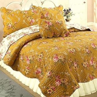 Cozy Line Home Fashions Perry Mustard Yellow Floral Blooming Flower Printed 100% Cotton Vintage Quilt Bedding Set Reversible Coverlet Bedspread (Camellia, Queen - 3 Piece)