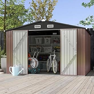 Aoxun 10x8 FT Outdoor Storage Shed with Double Hinged Large Door Utility Garden Shed with Lockable Door & Sloped Roof Metal Sheds Outdoor Storage for Garden, Backyard, Patio and Backyard, Brown