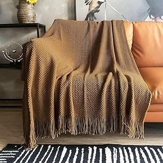 LOMAO Knitted Throw Blanket with Tassels Bubble Textured Lightweight Throws for Couch Cover Home Decor (Khaki, 60x80)