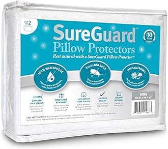 Set of 2 King Size SureGuard Pillow Protectors - 100% Waterproof, Bed Bug Proof, Hypoallergenic - Premium Zippered Cotton Terry Covers