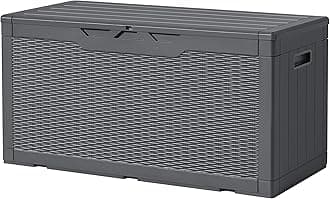 Devoko 97 Gallon Deck Box, Waterproof Resin Outdoor Storage Box for Outside and Patio, Large Outdoor Storage Bench Cabinet Lockable for Patio Furniture, Garden Tools and Pool Supplies (Gray)