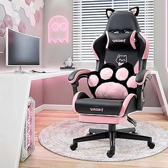 Cat Ears Gaming Chair with 310lbs Capacity - PU Leather Ergonomic Reclining Office Chair, Adjustable Lumbar Support, 360° Swivel for Gamers Adults Kids, Black with Pink Accents