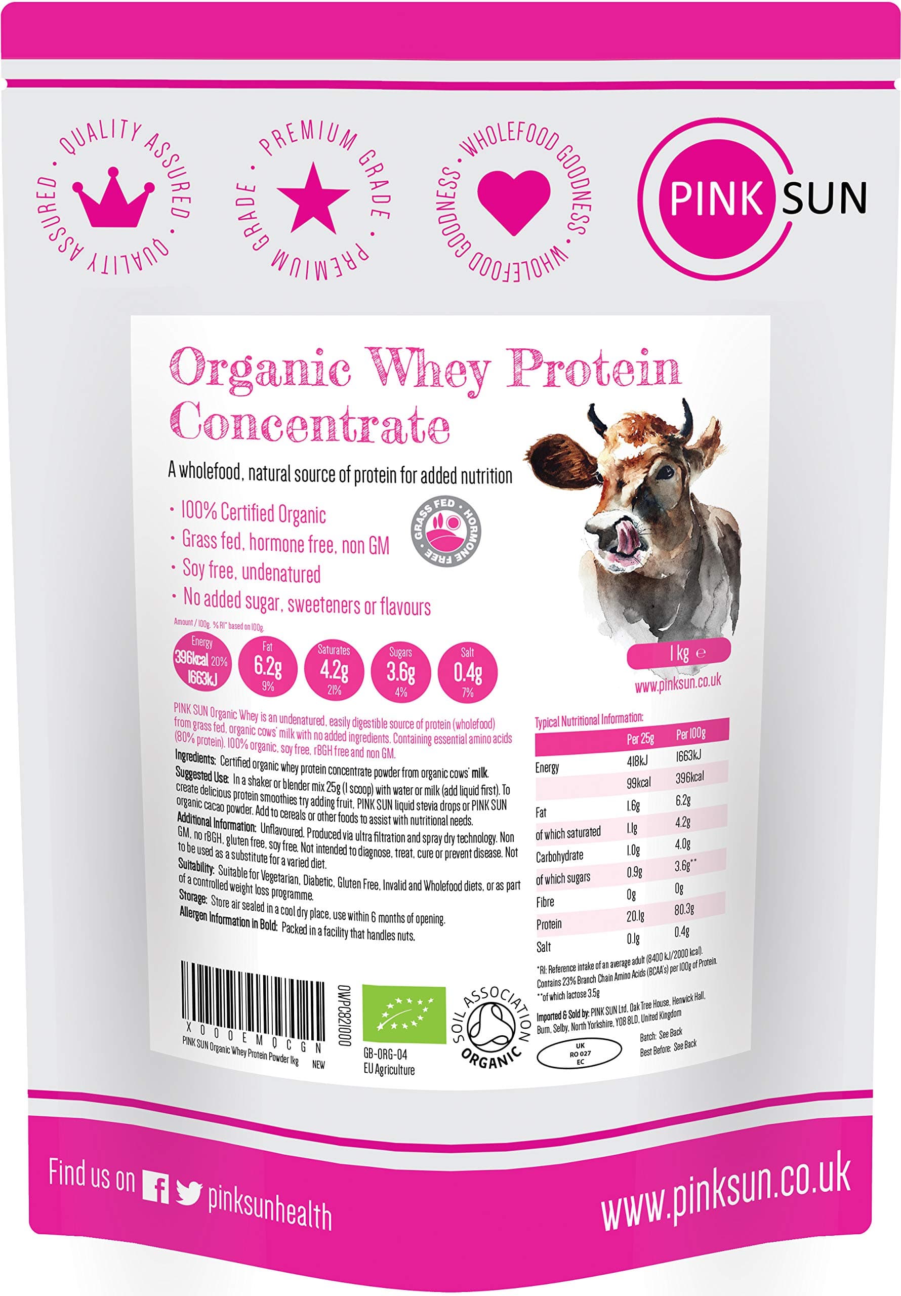 PINK SUN Organic Whey Protein Concentrate Powder Unflavoured 1kg (80% Protein with BCAA) Soy Free Grass Fed Gluten Free No Additives Vegetarian Undenatured Non GM Certified Bio UK