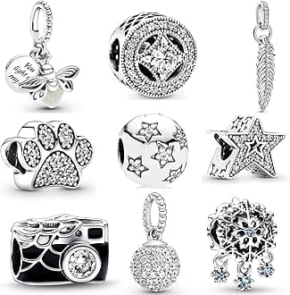 9 Pack Silver Spacer Beads Charms fit Pandora Bracelet, Heart Beads DIY Jewelry Gifts Women