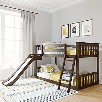 Max & Lily Twin Over Twin Low Bunk with Slide and Ladder, Wooden Bunk beds with 14” Safety Guardrail for Kids, Toddlers, Boys, Girls, Teens, Bedroom Furniture, Walnut