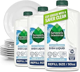 Dish Soap Refill, Free & Clear, 50 fl oz, 3 Pack, Plant-Based Dishwashing Liquid for Grease & Tough Food Messes, For Sensitive Skin