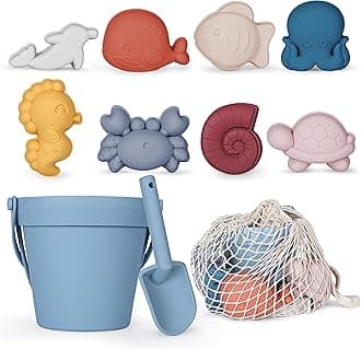 MarcZero 11Pcs Silicone Beach Toys,Modern Baby Beach Toys,Travel Friendly Beach Set,Silicone Bucket, Shovel, 8 Sand Molds, Beach Bag,Silicone Sand Toys for Toddlers, Kids (Blue)