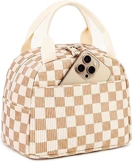 LEDAOU Insulated Lunch Bag women Corduroy Small Lunch Box for Women with Front Pocket Leakproof Cooler Checkered Cute Adult Gilrs Lunch Box for Work School Picnic