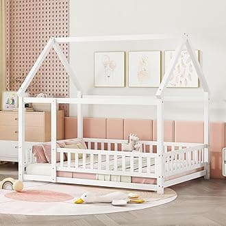 Bellemave Full Size House Floor Bed,Wooden Montessori Bed with Fence and Roof for Kids,Playhouse Full Bed Frame for Girls,Boys(Full,White)