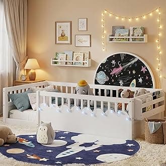 Floor Bed for Kids, Twin Size Montessori Bed with High Fence Railings, Wood Playhouse Bed with Rails for Baby Boys Girls Teens, No Slats Included, White