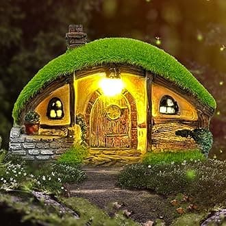 Garden Statue and Fairy House with Solar Lights – Resin Outdoor Figurine Lights, Cottage Yard Decor for Porch & Lawn