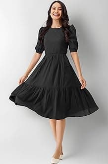 TRENDMALLS Dress for Women Cotton Blend Round Neck Half Puff Sleeve Flared Pleated Midi Western Dress
