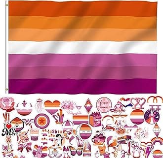 3x5 Feet Sunset Lesbian Pride Flag - Vivid Color and Fade proof - Canvas Header and Double Stitched and 60pcs Unique Sticker Designs