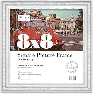Almost Frameless 8x8 White Ornate Picture Frame 8"x8" (20.3x20.3cm) Poster, Photo, Artwork, or Print. Shabby Chic Style Portrait and Landscape Display with Wall Hooks