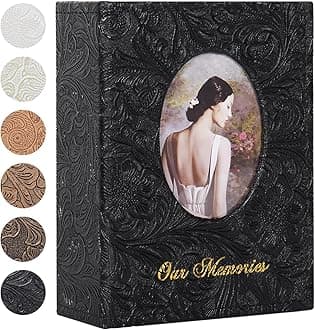 RECUTMS Photo Album 100 4x6 Pockets, Small Mini Capacity Retro Leather Photo Book with White Pages Hold 100 Vertical Photos for Family Wedding Baby (Black)