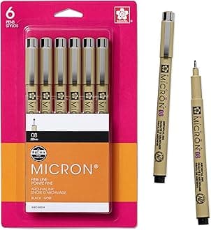 SAKURA Pigma Micron Fineliner Pens, 08 Tip Size, Archival Black Ink, 6 PK 50039