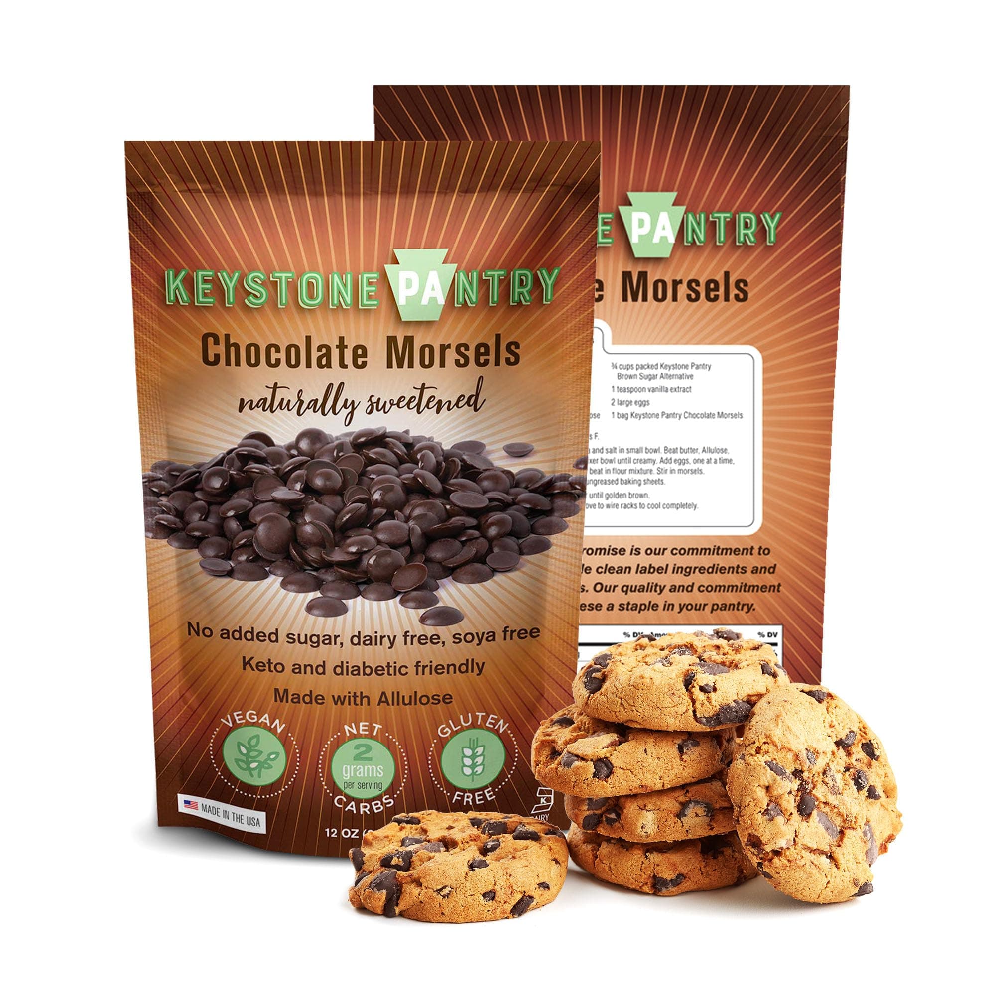 Keystone Pantry – Keto Dark Chocolate Morsels – 12 OZ - Bag – Sugar, Gluten, & Dairy Free – Kosher – Vegan – Diabetic Friendly – Low Carb – Perfect for Baking
