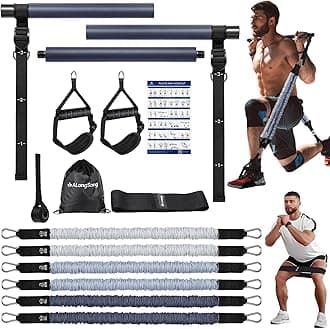 Resistance Band Set Men with Handle Bar & At home Pilates Bar Workout Equipment, 6 Exercise Bands 50-360LBS Optional & Door Anchor For Home Gym Fitness Equipment