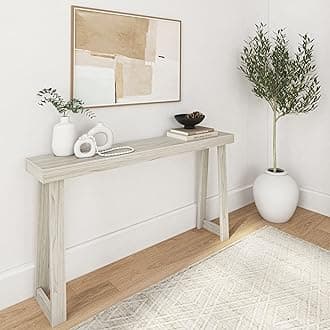 Plank+Beam Modern Solid Wood Console Table, 56 Inch, Sofa Table, Narrow Entryway Table for Hallway, Behind The Couch, Living Room, Foyer, Easy Assembly, White Sand Wirebrush, 2800402000-153